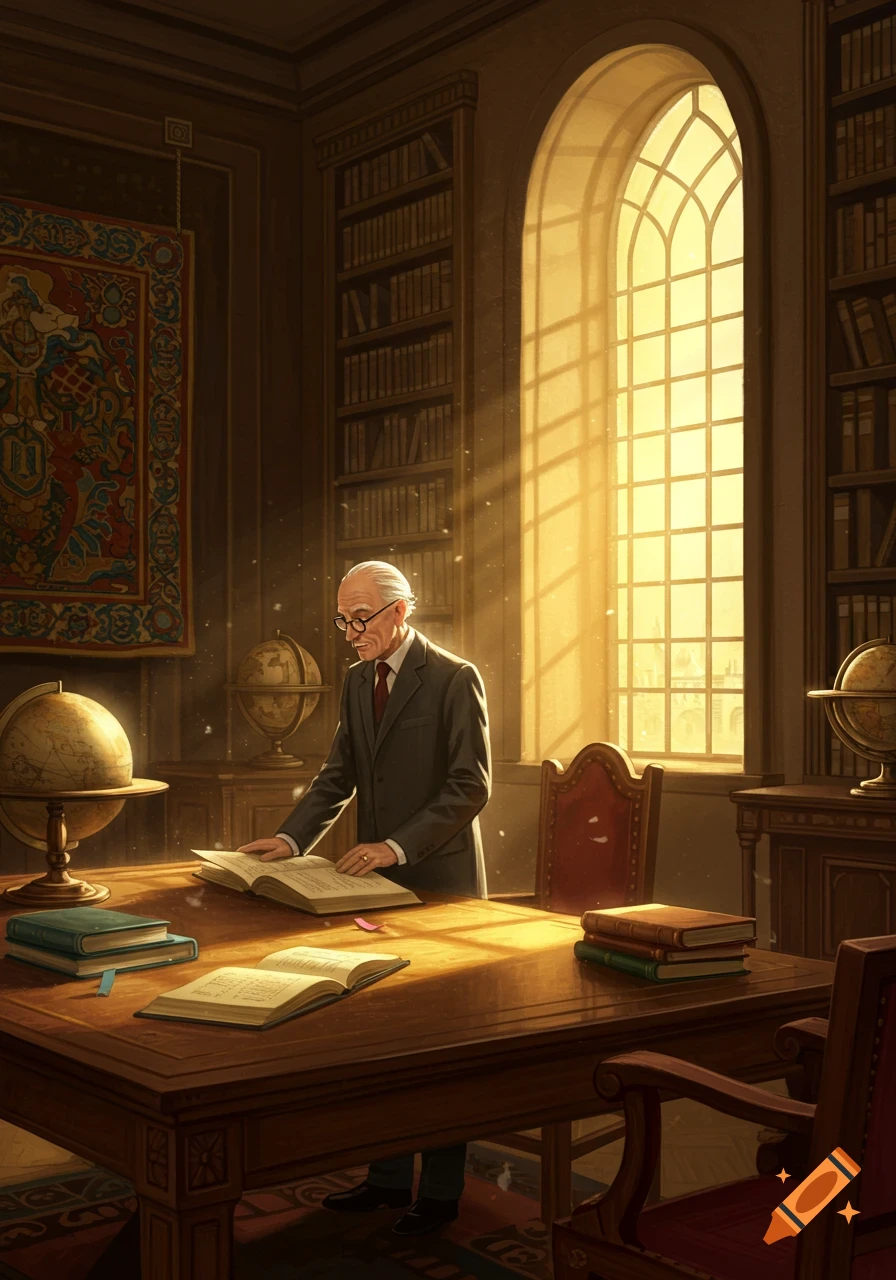 An old man in a suit reads a book at a wooden desk in a sunlit library filled with bookshelves and globes.