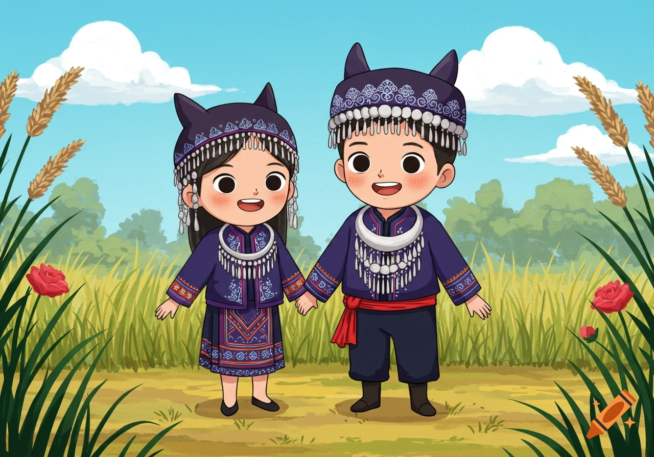 Cartoon illustration of a Hmong boy and girl in traditional clothing, holding hands in a field with flowers and wheat under a blue sky.