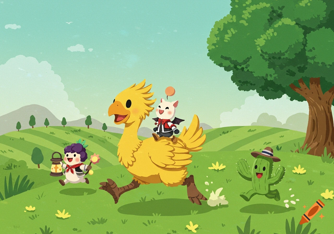 A yellow Chocobo carrying a white Moogle on its back runs across a green field with a purple Tonberry and a green Cactaur running nearby, all in a cute cartoon style.