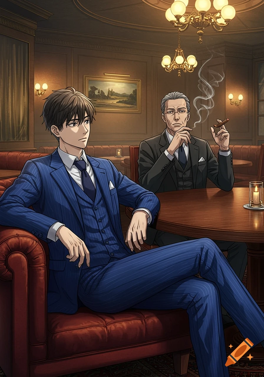 A young man in a blue pinstripe suit sits on a red leather couch, looking to the side. An older man in a dark suit smokes a cigar at a nearby table in a dim, elegant lounge.