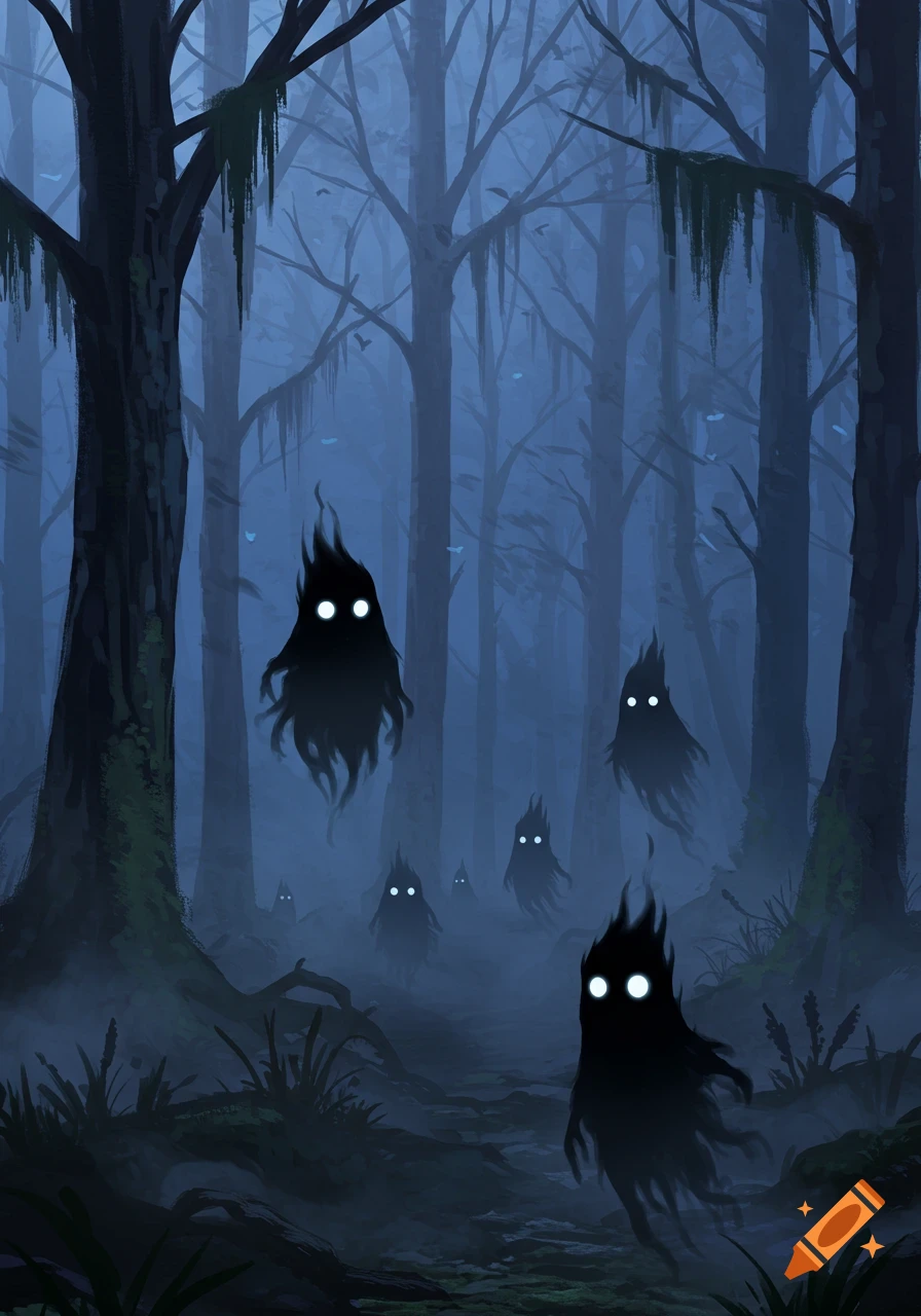 Dark, misty forest scene with several black, smoky ghost-like figures with glowing white eyes floating among the trees.