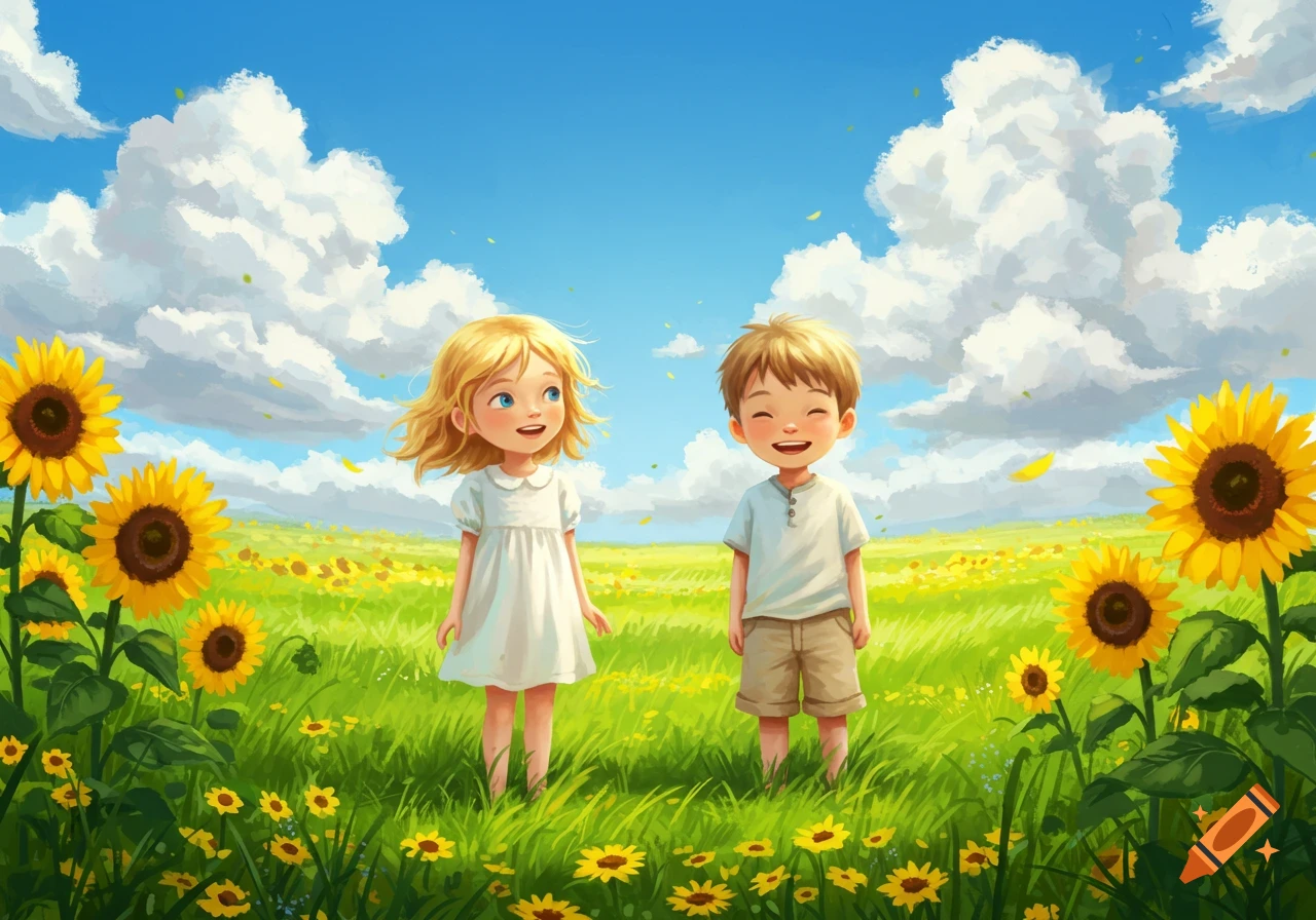Two happy cartoon children stand in a sunny field filled with sunflowers under a blue sky.