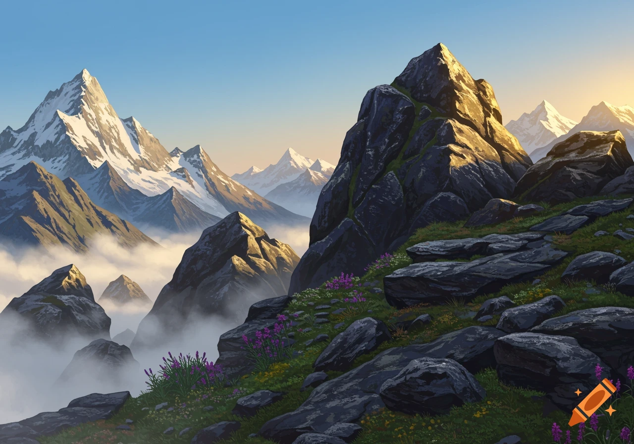 A vibrant landscape of snow-capped mountains and rocky hillsides with purple flowers, bathed in golden sunlight and mist.