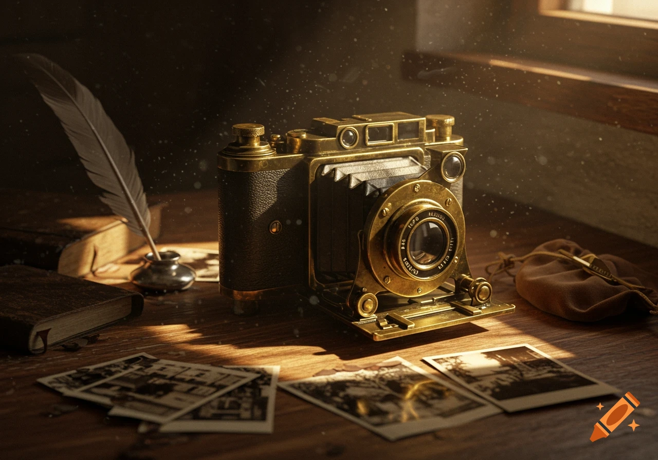 A vintage brass folding camera, quill, inkwell, books, and old photos on a wooden desk, illuminated by warm, dusty light.