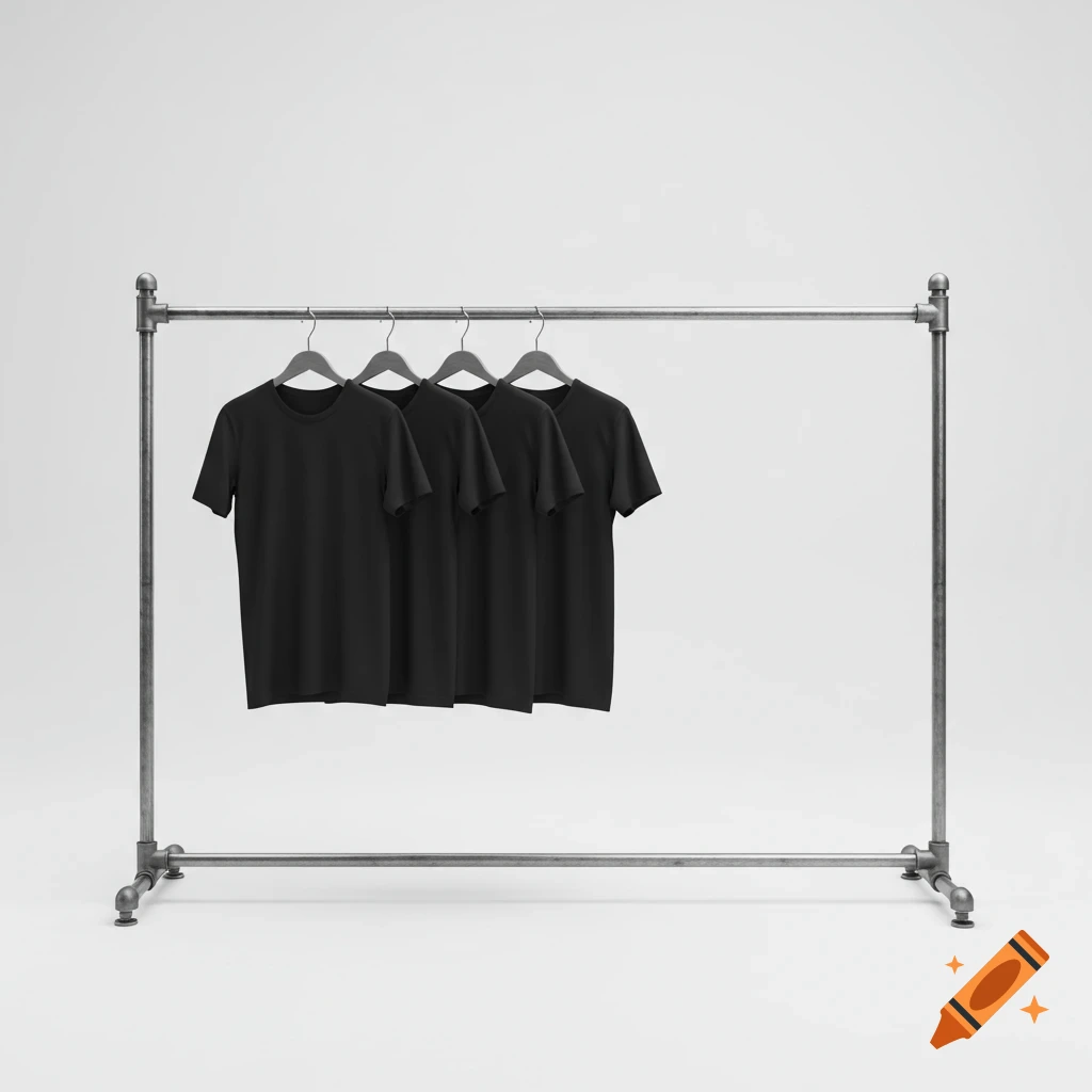 Four blank black t-shirts hang on a metal pipe clothing rack against a white background.