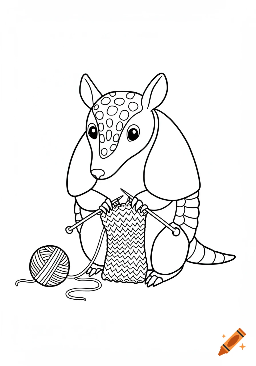 A cute cartoon armadillo knitting with a ball of yarn and needles, in black line art, coloring book style.