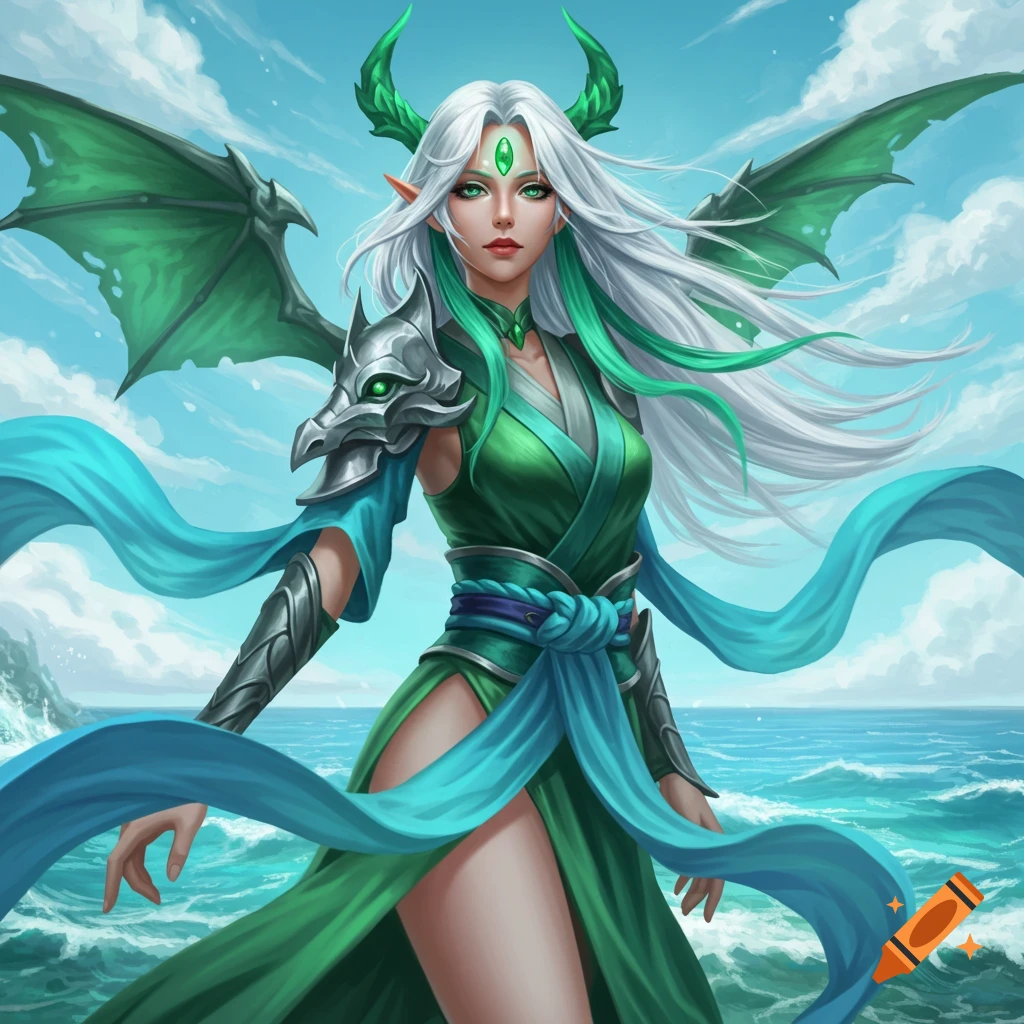 A graceful fantasy woman with silver and teal hair, green horns, dragon wing shoulder armor, and a green dress stands by a blue ocean under a cloudy sky.