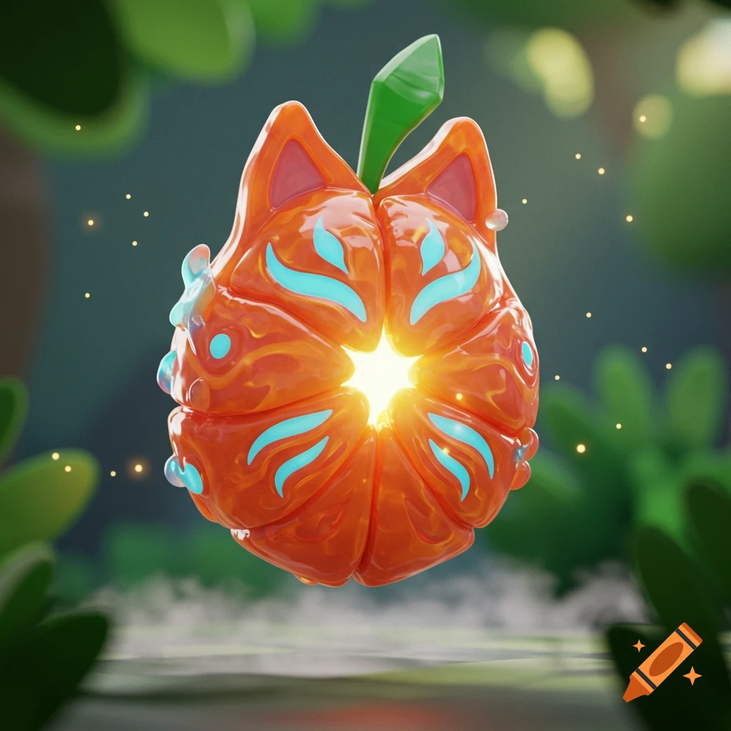 A vibrant orange, glowing fruit with fox-like ears and blue patterns floats amidst shimmering particles in a lush, misty forest.