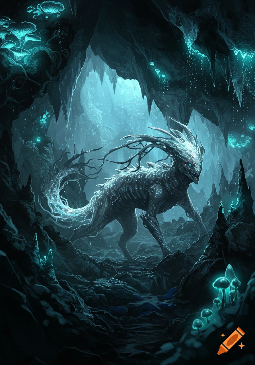 A glowing, reptilian-like fantasy creature with branch-like antlers stands in a dark, bioluminescent cave filled with glowing mushrooms.