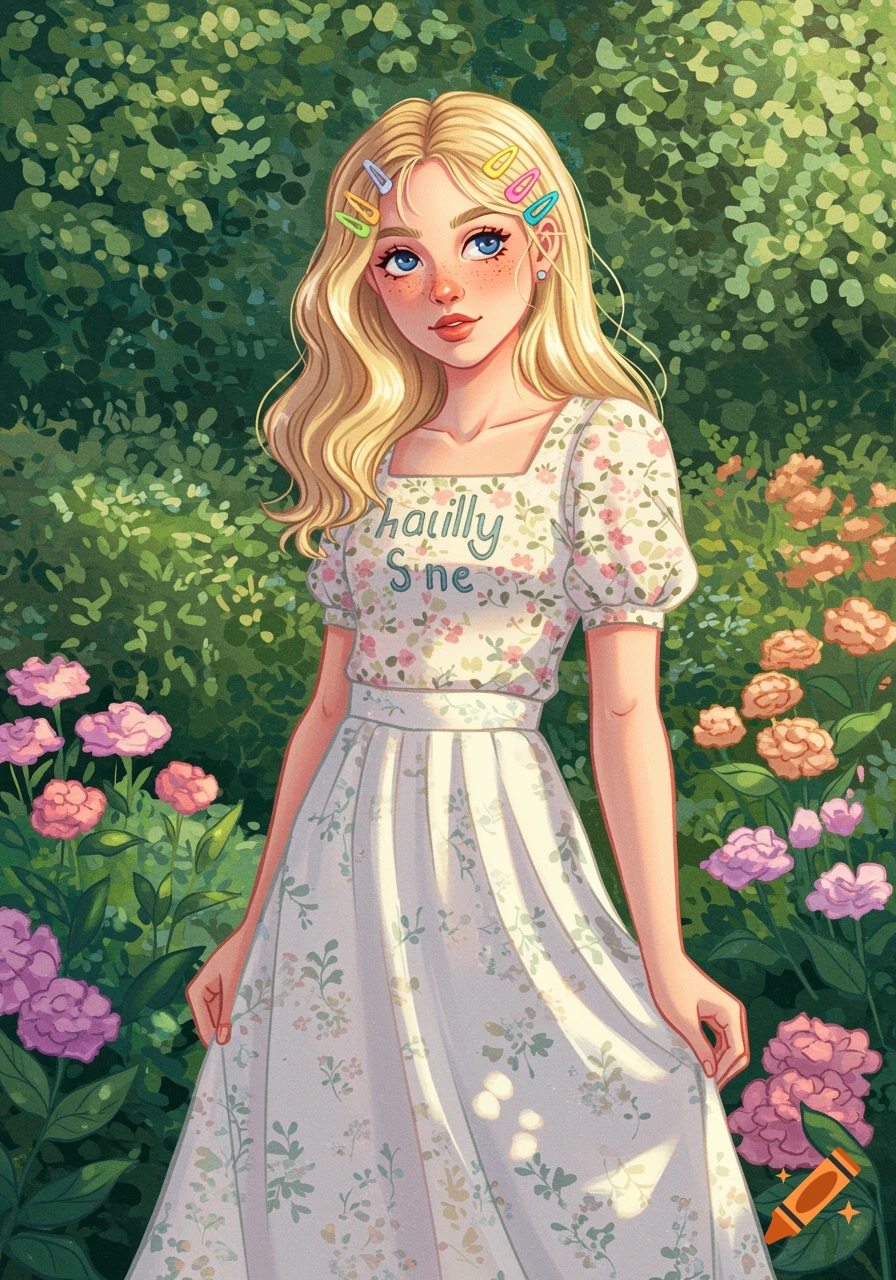 A blonde girl with colorful claw clips and freckles wears a floral top and white skirt, standing in a sunny garden filled with various flowers, in an illustrated style.