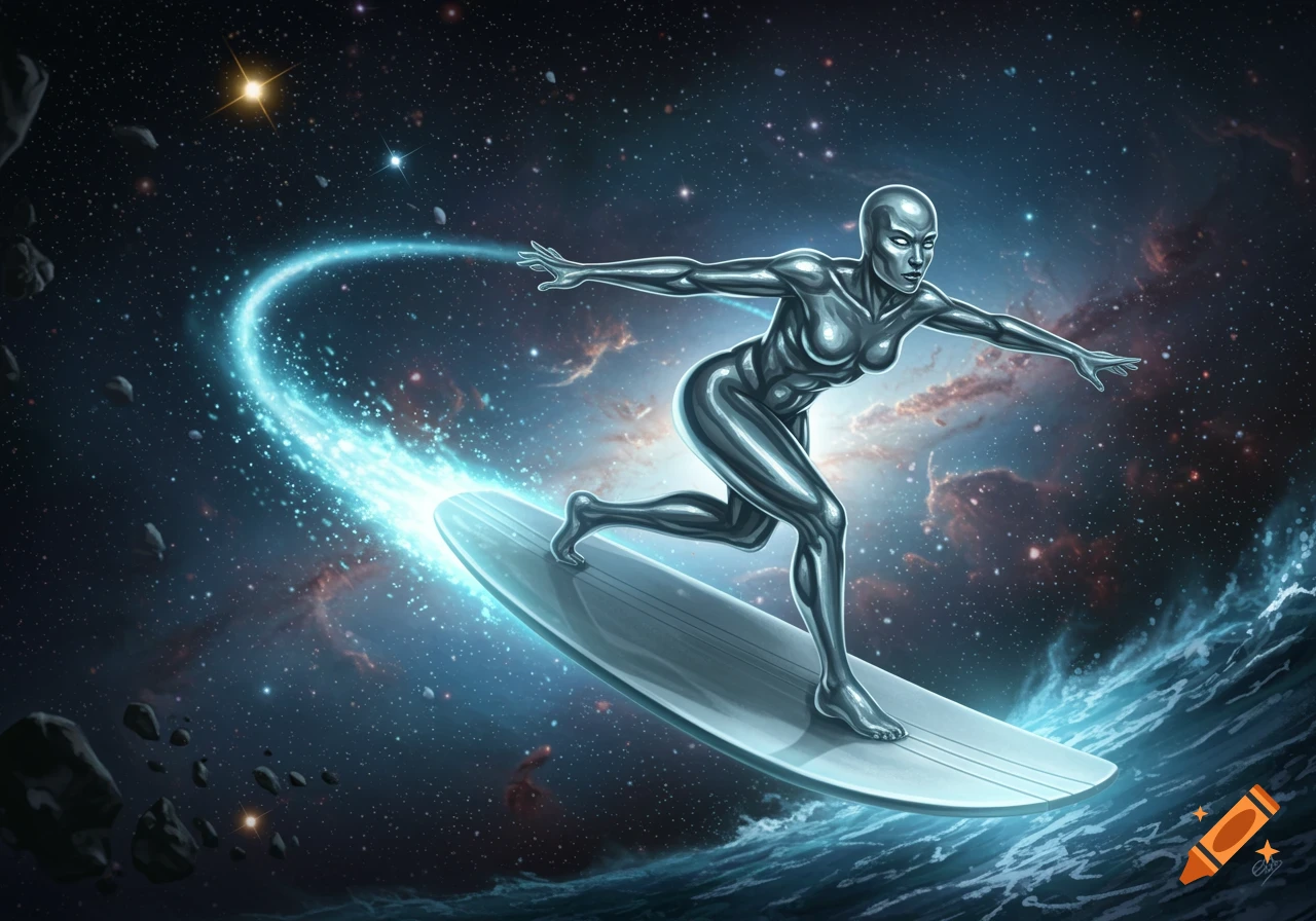 A shiny metallic female figure surfs on a silver board through a cosmic scene of stars, nebulae, and asteroids, leaving a bright blue trail.