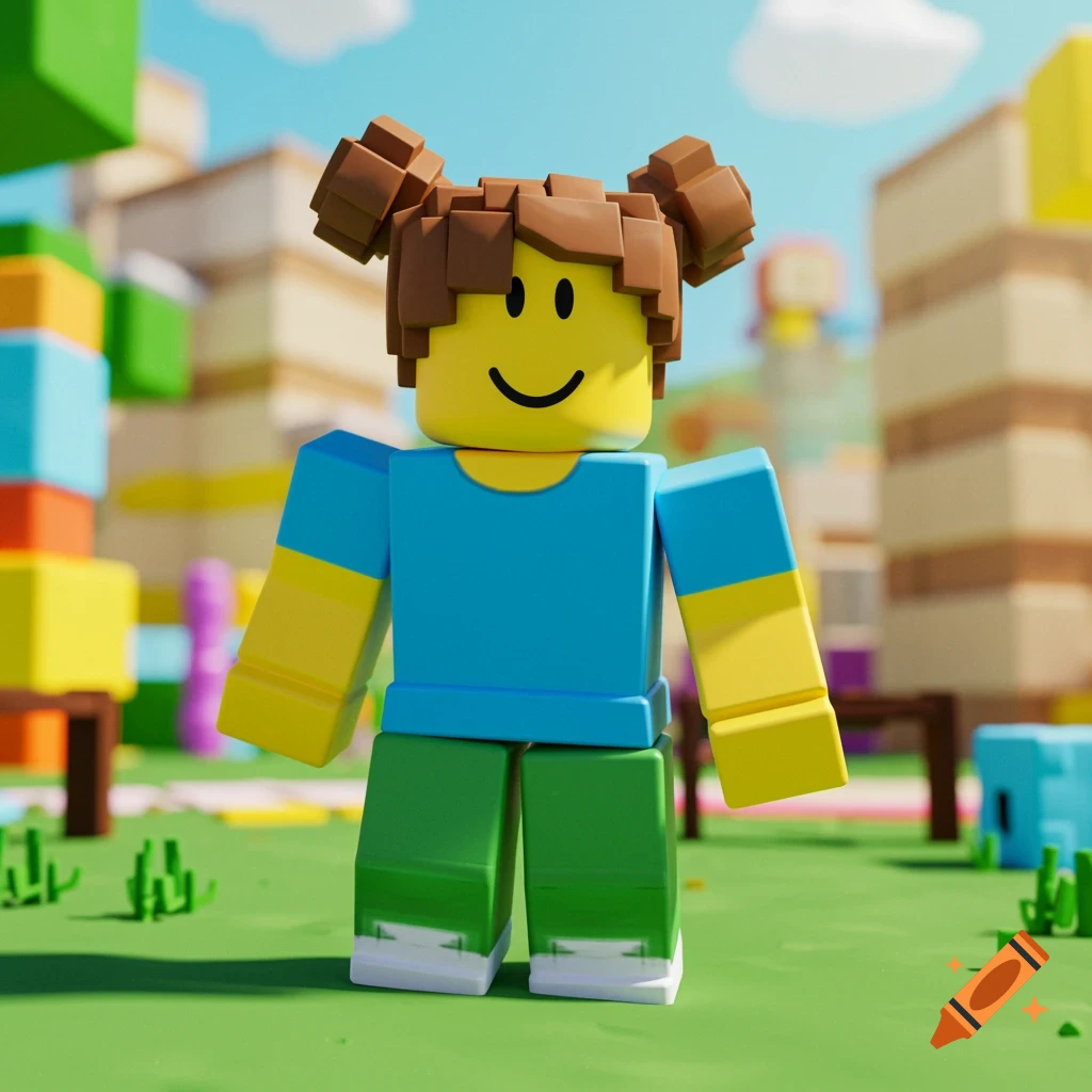 A blocky Roblox noob girl avatar with brown pigtails, a blue shirt, and green pants stands in a colorful block world.