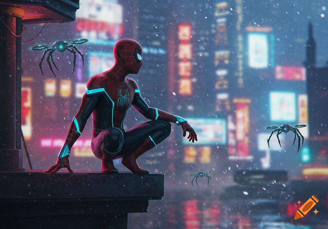 Spider-Man with glowing blue suit details crouches on a snowy rooftop, looking out at a futuristic neon cityscape with spider-like drones flying nearby.