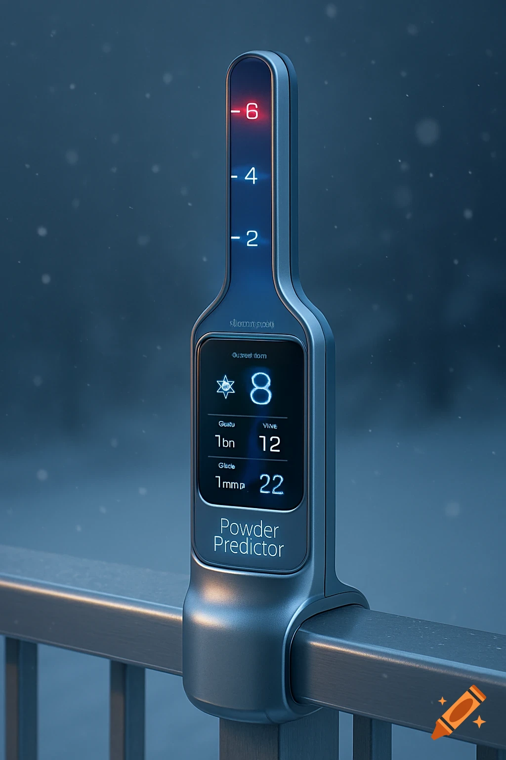 A close-up, photorealistic image of a futuristic 'Powder Predictor' device, mounted on a metal railing, displaying digital readouts and numbers, with a snowy background.