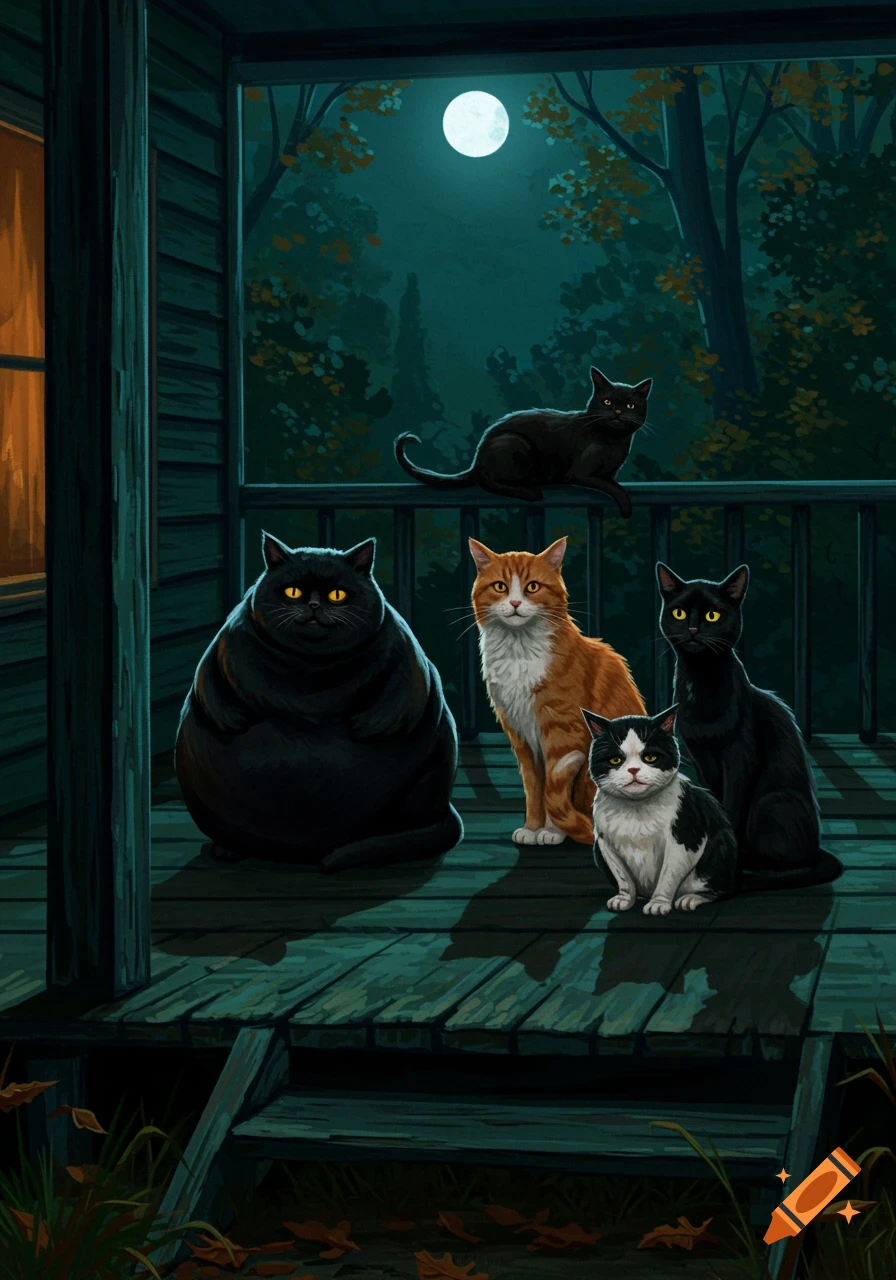 Five cats on a wooden porch at night under a full moon, with trees in the background. One fat black cat, one ginger cat, one black and white cat, and two other black cats are visible.