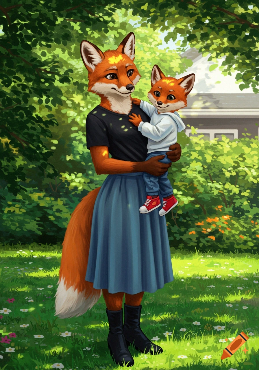 Anthropomorphic fox mother in a black shirt and blue skirt holding her fox son in a white sweatshirt, standing in a sunny, green park with trees and a house in the background. Illustrated style.