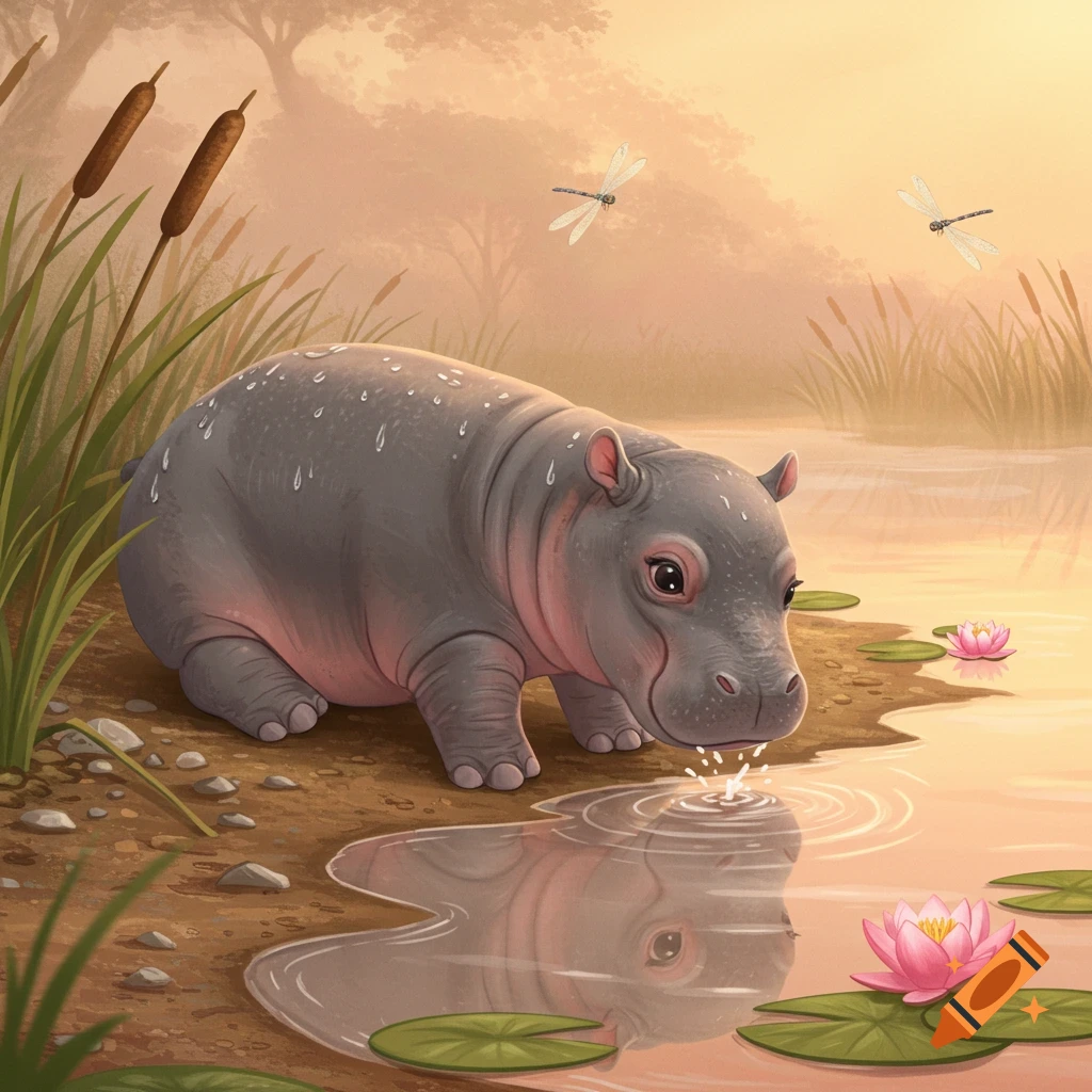 A cute baby hippo sips water from a pond at sunset, surrounded by reeds, lily pads, and dragonflies, in a charming illustration style.