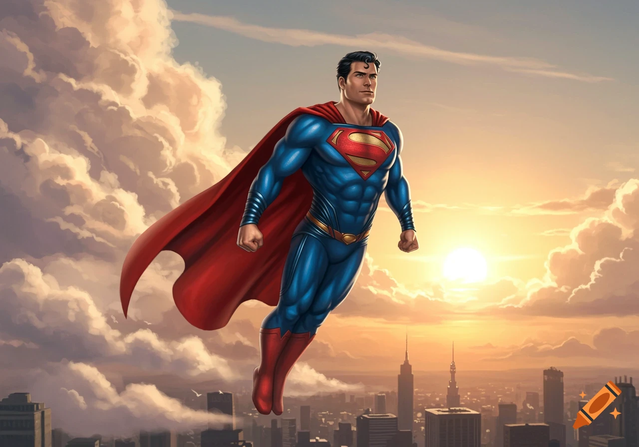 Superman in his iconic blue and red suit with a red cape flying above a cityscape at sunset, surrounded by clouds.