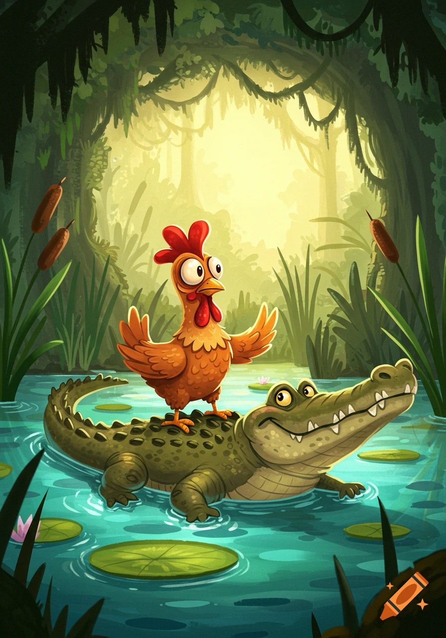 A cartoon chicken with wide eyes stands on the back of a green alligator swimming in a swamp, surrounded by lily pads and tall grasses.