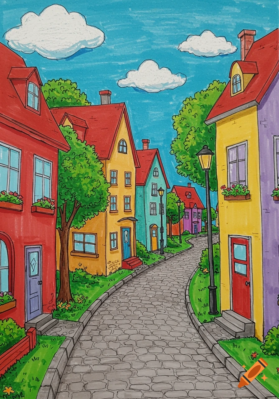 Whimsical crayon drawing of multicolored houses lining a winding cobblestone street with trees and clouds.
