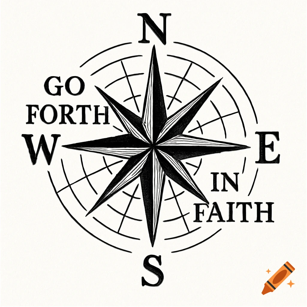 A black and white illustration of a compass rose with an eight-pointed star, cardinal directions N, S, E, W, and the text Go Forth In Faith.