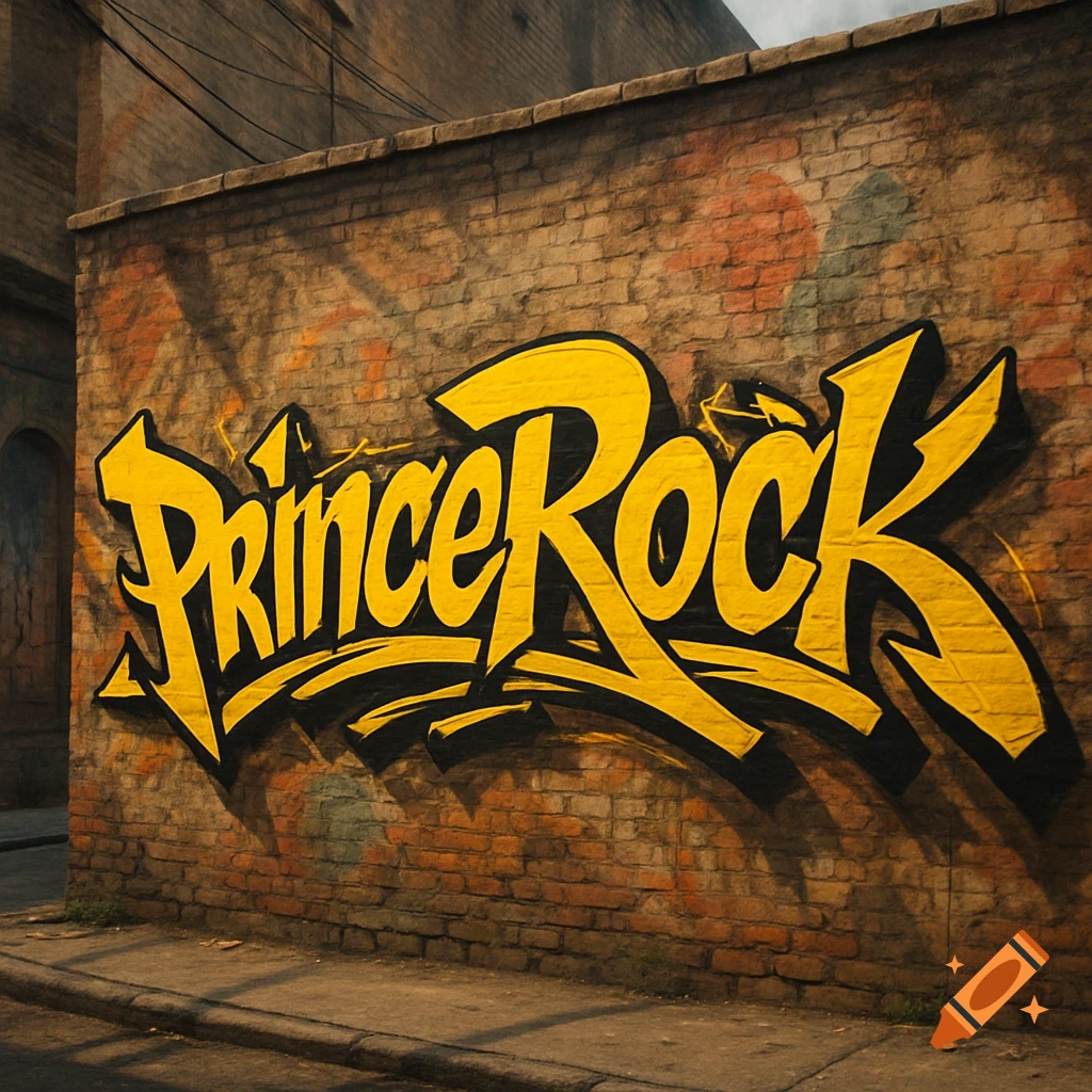 Yellow graffiti art spelling 'PrinceRock' on a brick wall in an urban setting.