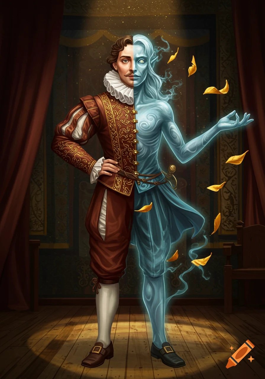 A man in historical clothing transforms into a pale blue, spectral doppelganger, half human and half ghost-like, with golden leaves floating around him.