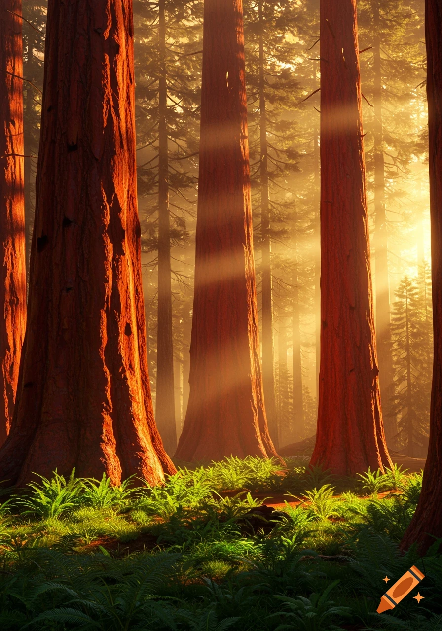 Golden sunlight filters through a serene redwood forest with tall reddish-brown trees and bright green ferns on the forest floor.
