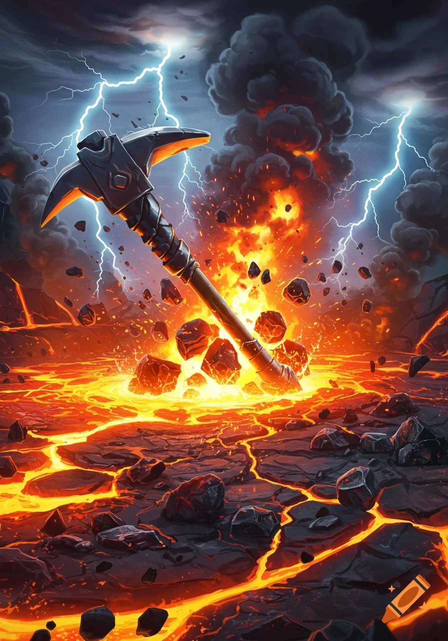 A stylized pickaxe striking into a pool of glowing lava, with rocks exploding and lightning flashing in a stormy sky.