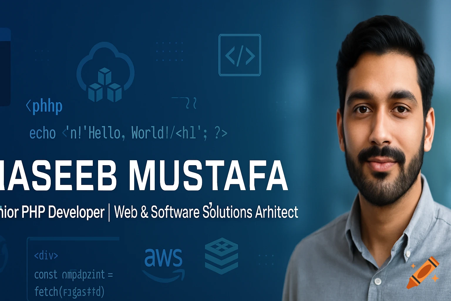 Professional LinkedIn banner with a man's portrait on the right and tech-themed graphics and text on a blue background.