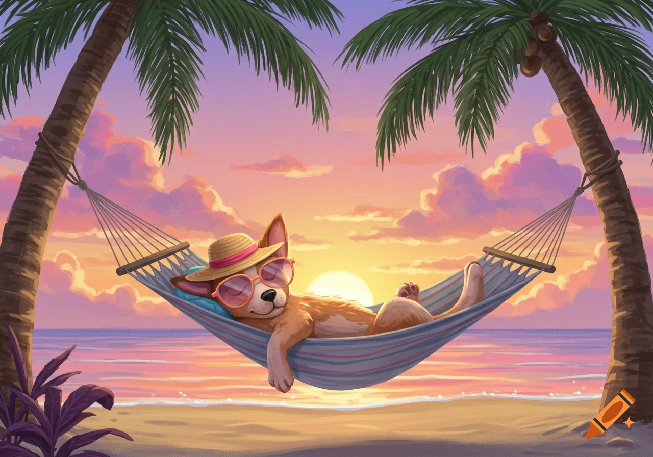 A cozy dog in a straw hat and sunglasses relaxes in a hammock between two palm trees on a beach at sunset, in an illustration style.