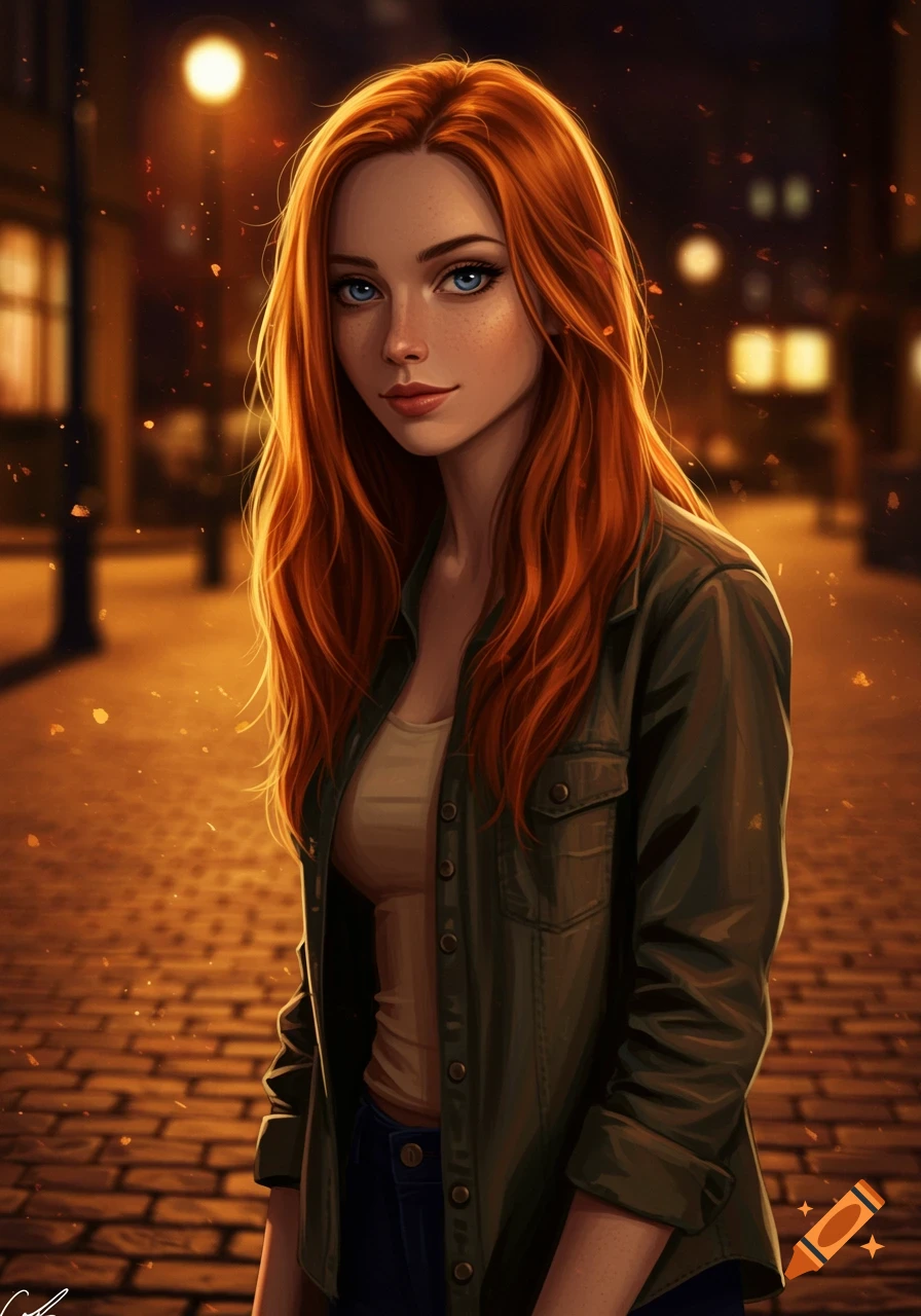 A digital painting of a red-haired woman with blue eyes wearing a jacket, standing on a cobblestone street at night.
