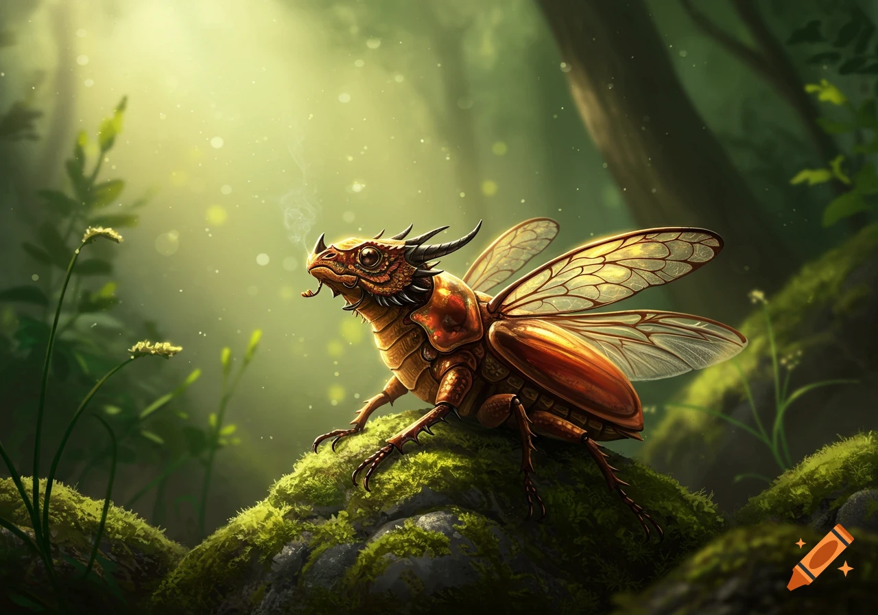 A fantasy beetle dragon with horns and transparent wings sits on moss in a sunlit magical forest, smoking a pipe.