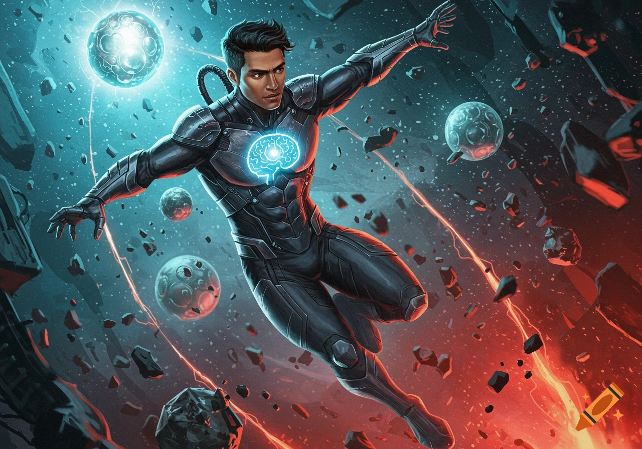 Male superhero in black high-tech armor with glowing brain symbol, floating in space with asteroids and energy.