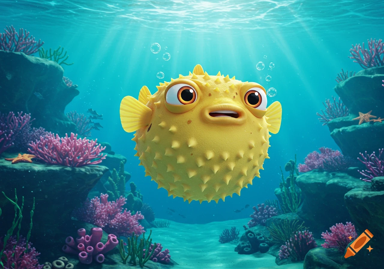 A cute, yellow, puffed-up cartoon pufferfish floats in clear blue water with pink coral and rocks.