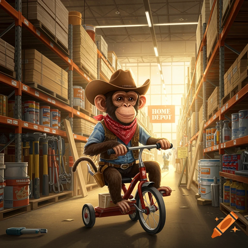 A cartoon monkey wearing a cowboy hat and red bandana rides a red tricycle in a well-lit Home Depot store aisle.