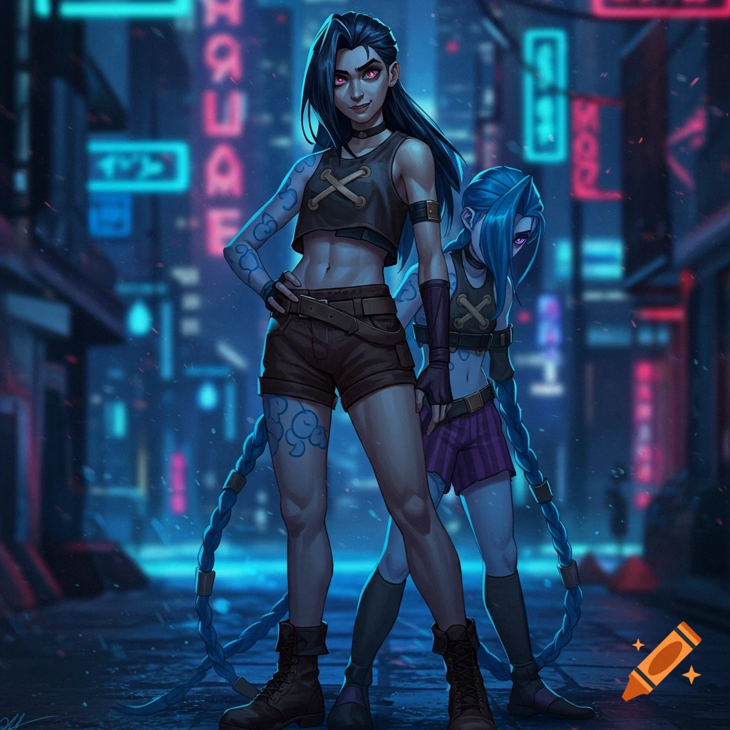 Two stylized female characters resembling Jinx from Arcane stand in a neon-lit cyberpunk city at night.