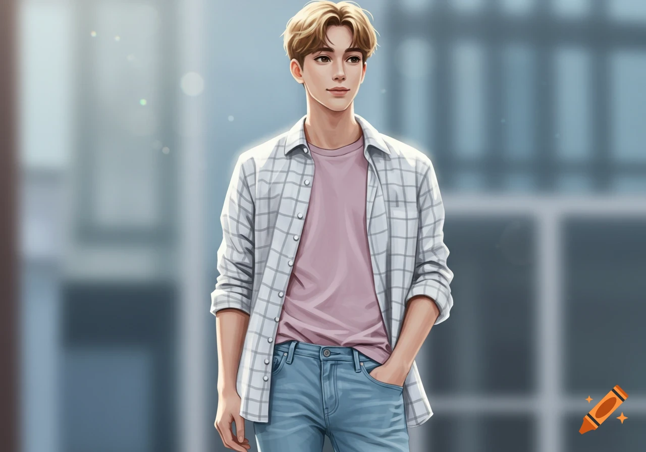 Anime style drawing of a light-skinned male character with blonde hair, a pink t-shirt, an open plaid shirt, and blue jeans, standing against a blurred background.