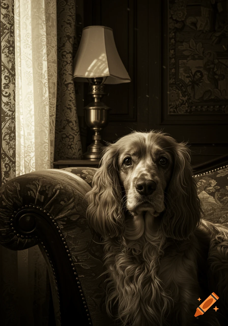 A sepia-toned photorealistic portrait of a long-haired spaniel dog sitting on an ornate couch in a dimly lit room with a lamp and patterned curtains.