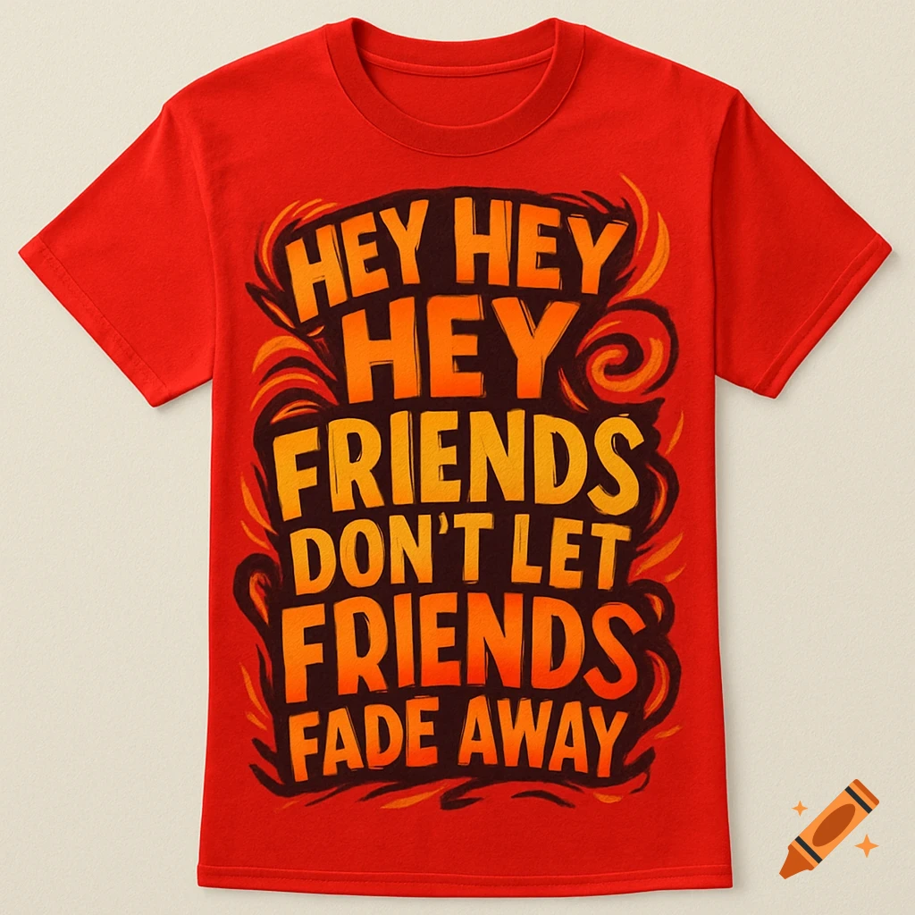 A red t-shirt with orange and yellow text "HEY HEY HEY FRIENDS DON'T LET FRIENDS FADE AWAY" in a vibrant, graphic style.