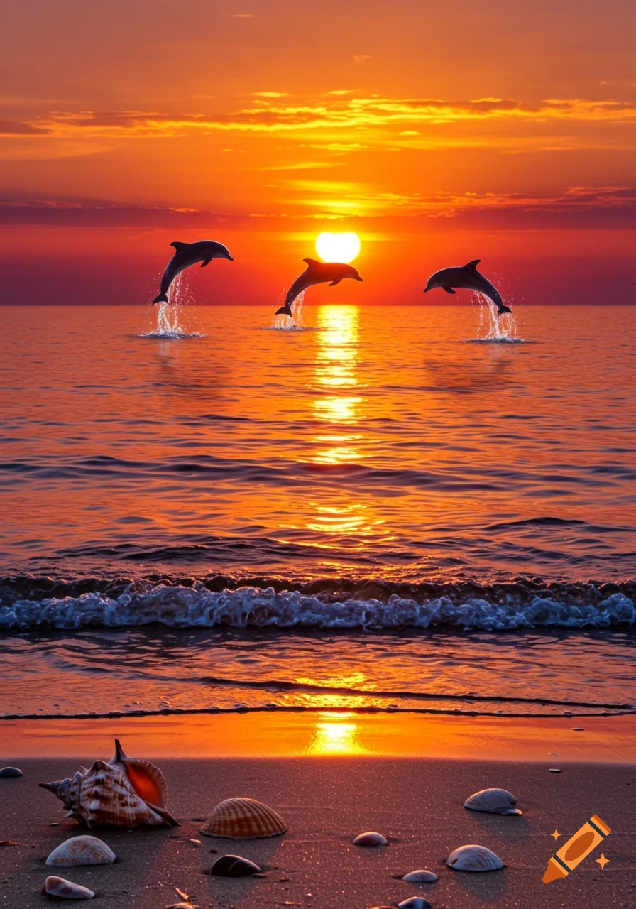 Silhouetted dolphins leap from an orange and red ocean at sunset, with seashells on the sandy beach in the foreground.