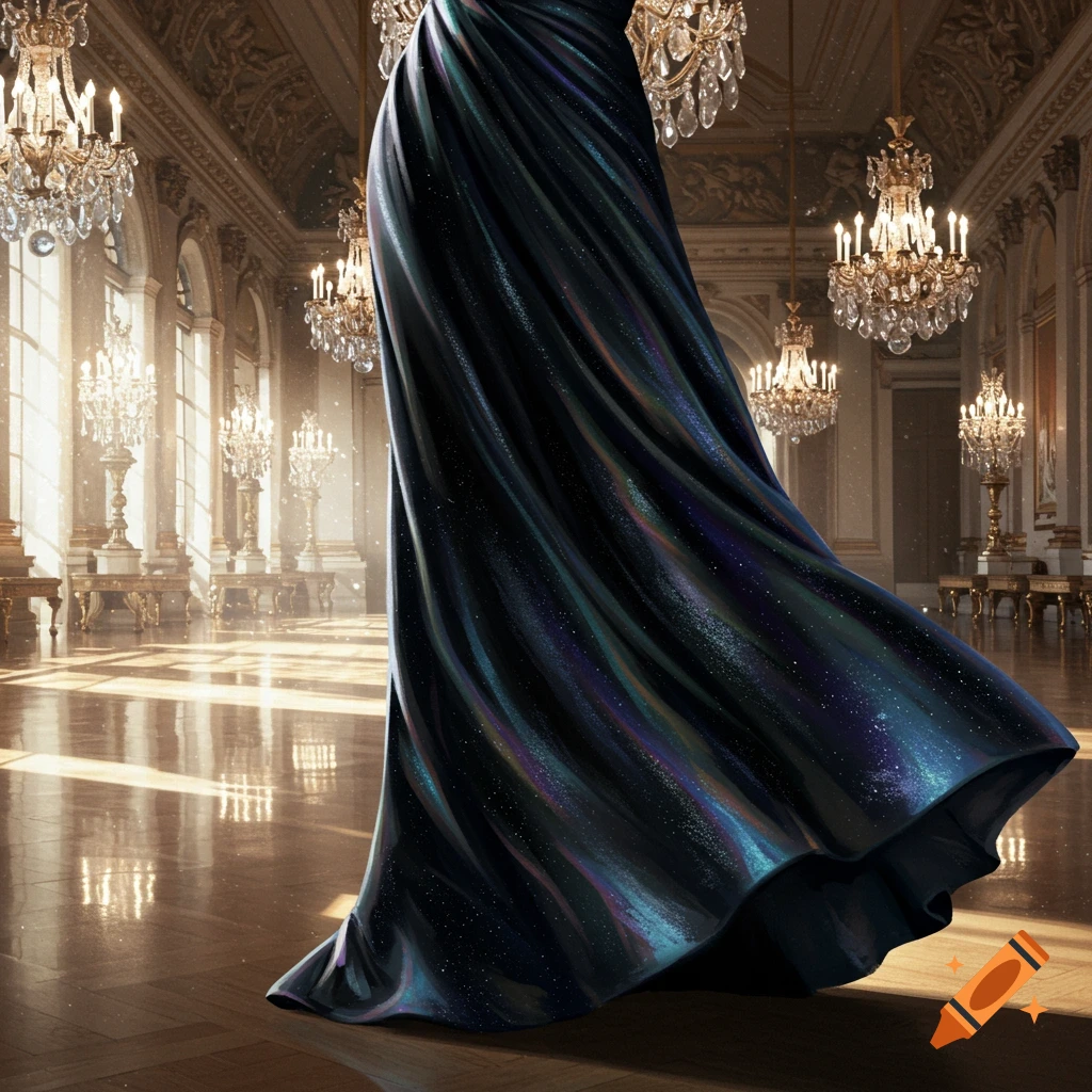 A long, shimmering black gown flows gracefully across a polished ballroom floor, surrounded by sparkling chandeliers and sunlit windows.