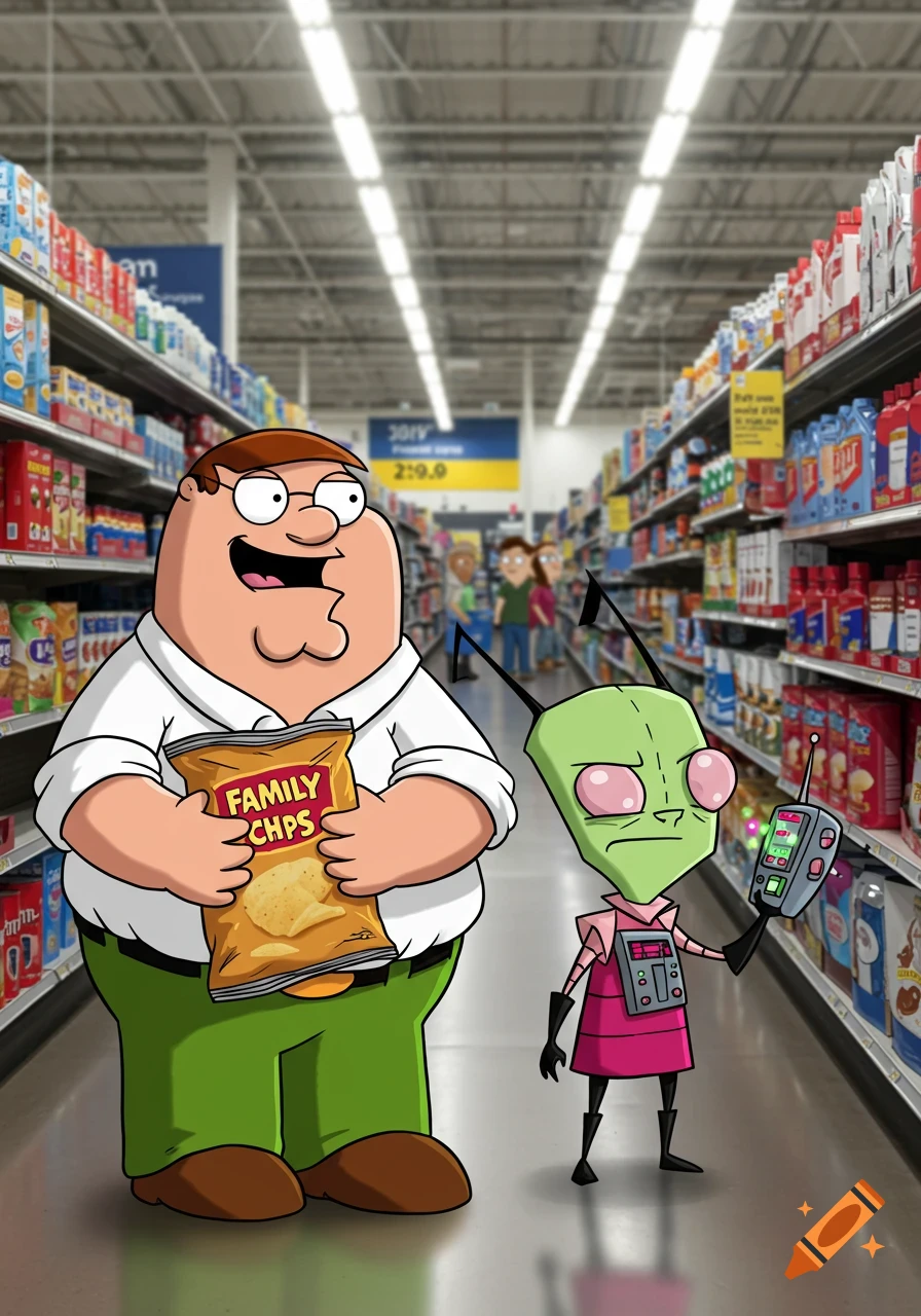 Peter Griffin holding a bag of chips and Invader Zim standing in a supermarket aisle, with blurry figures of Rick and Morty in the background.