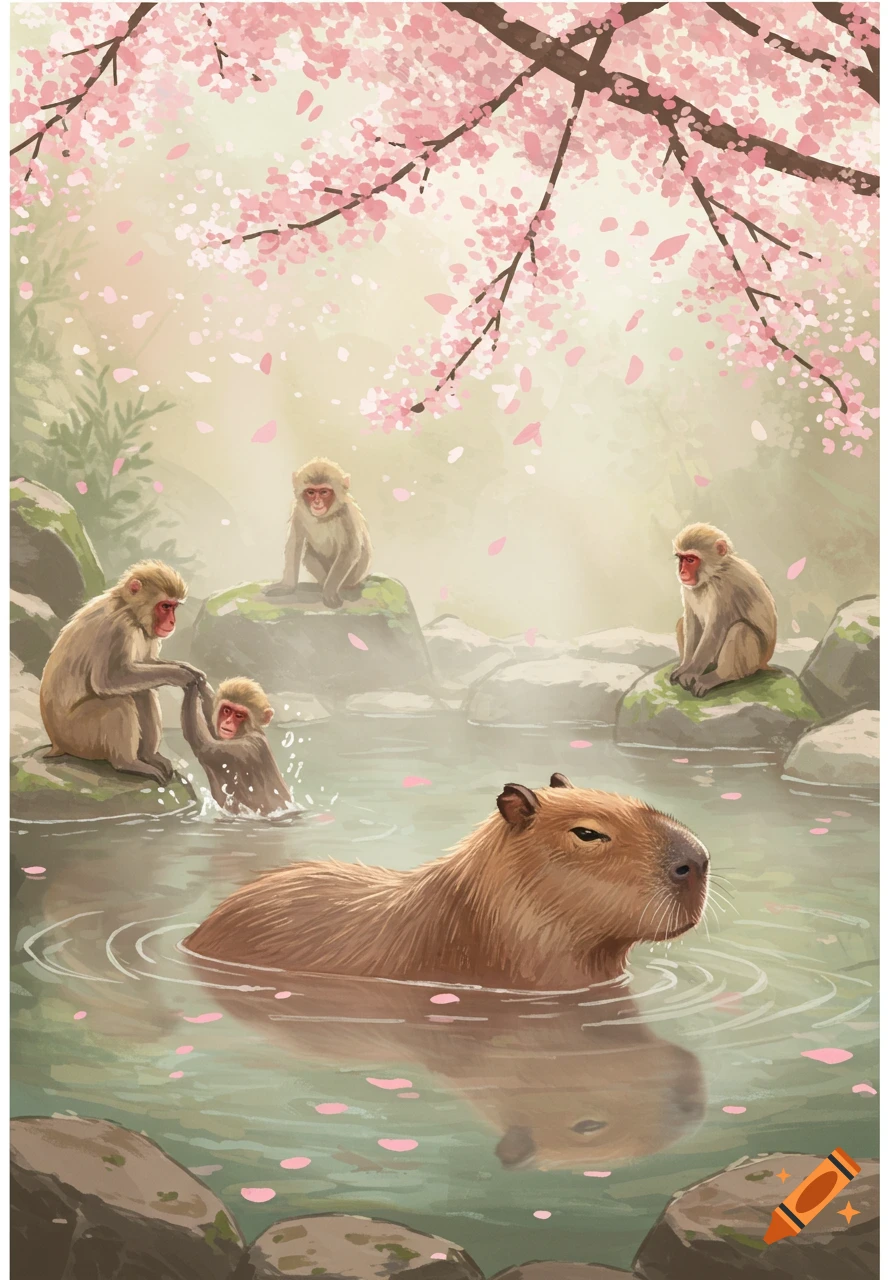 An illustration of a capybara in a hot spring with several monkeys, one of whom is in the water. Cherry blossoms fall from above.