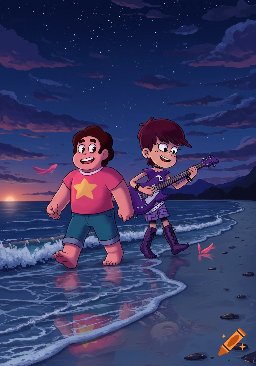 Steven Universe and Luna Loud walk barefoot on a beach at sunset, with a starry sky above and reflections in the shallow water.