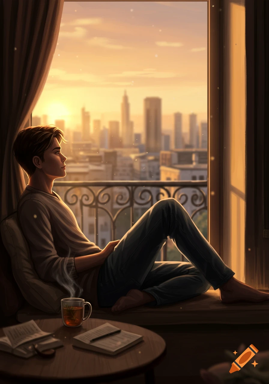A young man sits by a window, watching a golden sunset over a city, with tea and books on a table, in digital art.