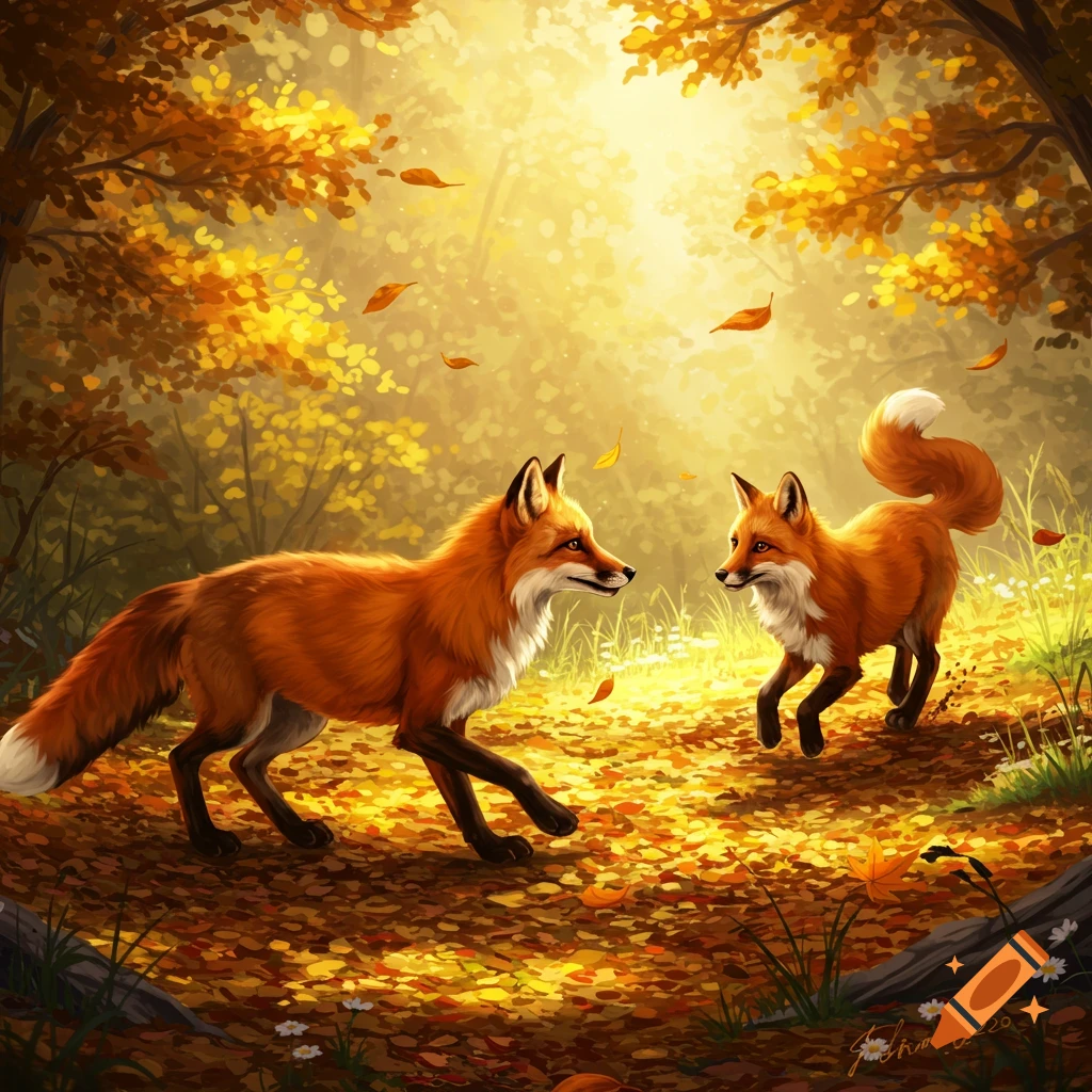 Two red foxes walking in a sunlit autumn forest with golden leaves falling.