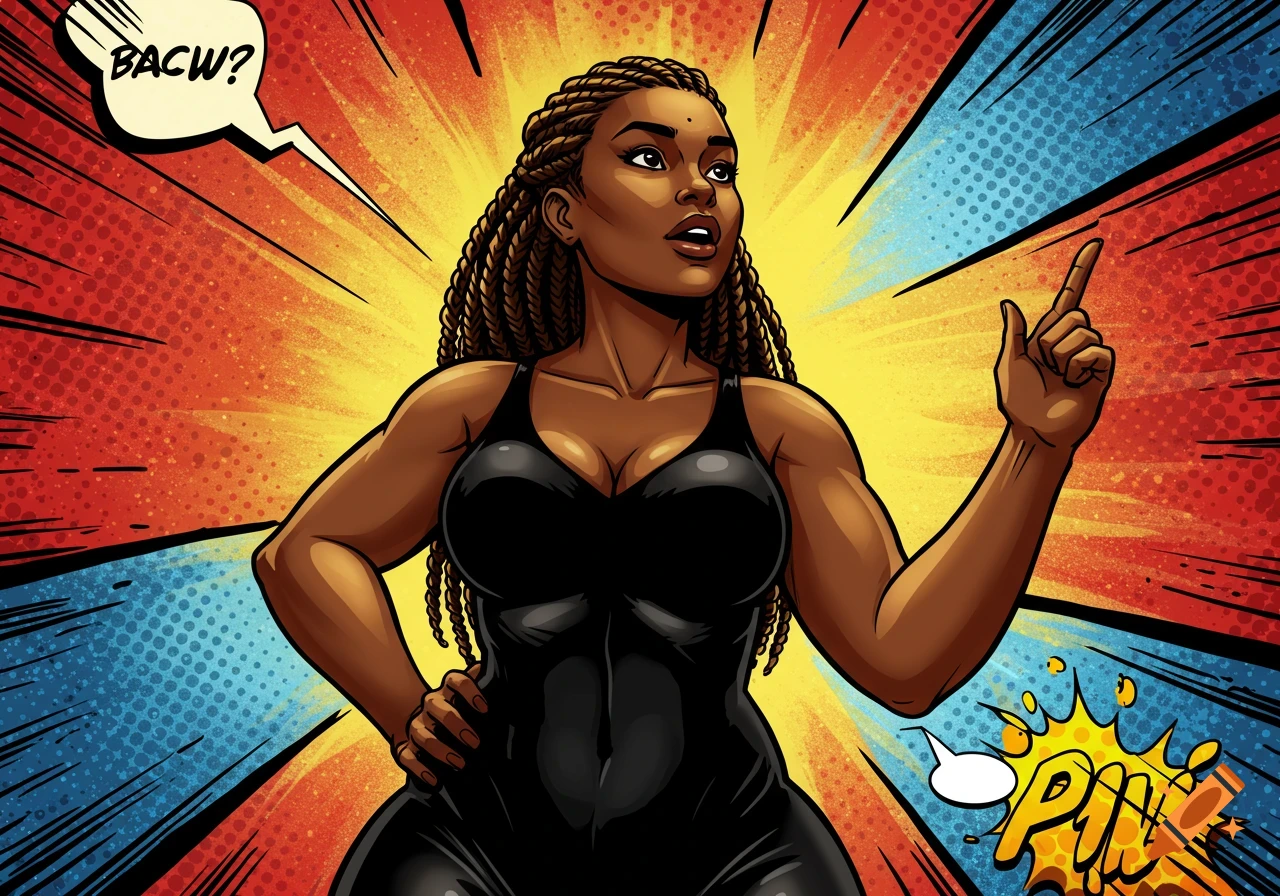 A powerful Black woman with braided hair, dressed in a black suit, points upward in a vibrant comic book style scene with speech bubbles.