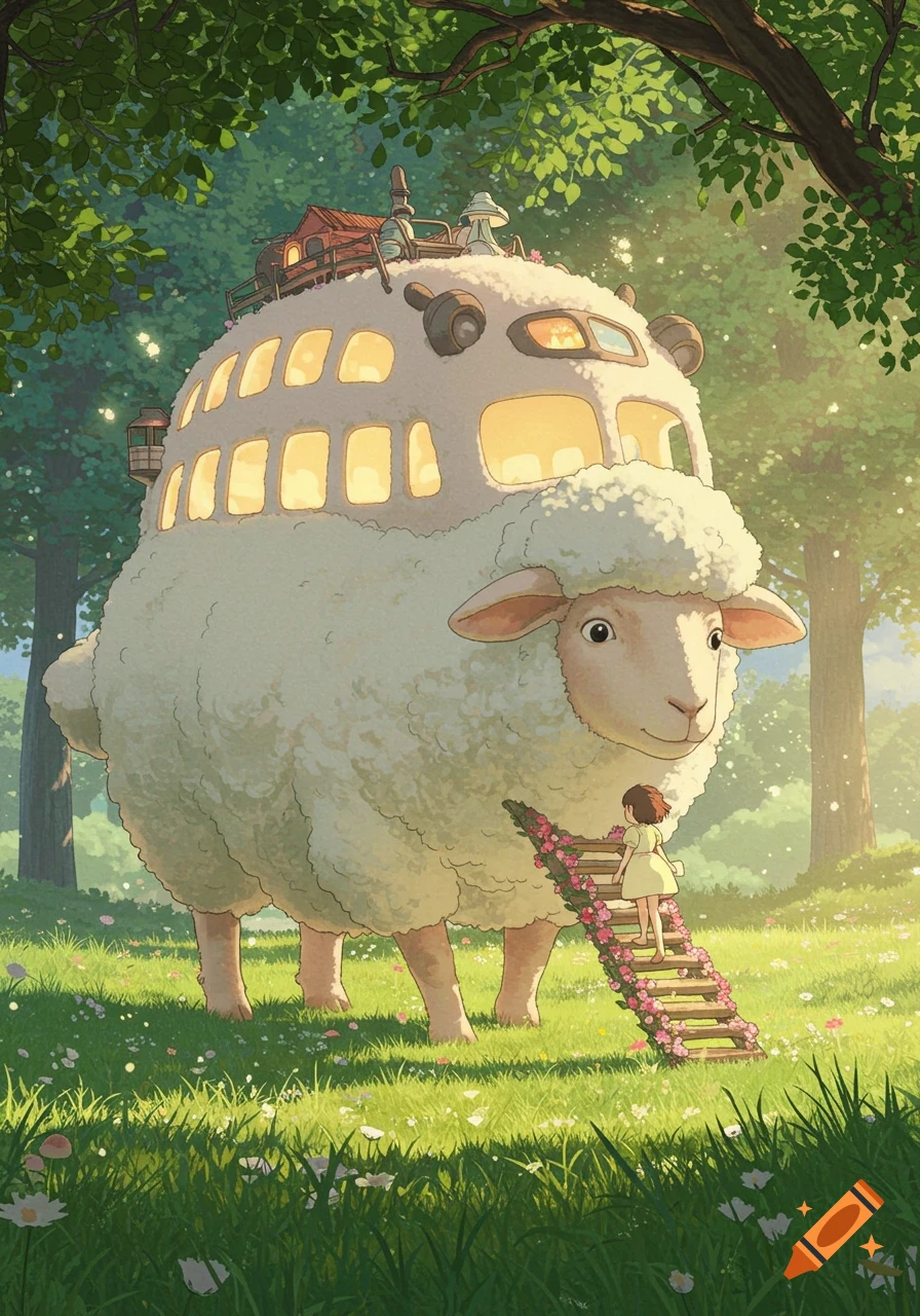 A girl climbs a flower-adorned ladder onto a giant, fluffy sheep with bus windows, in a lush, green forest in Studio Ghibli style.
