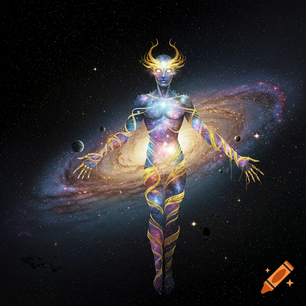 A cosmic, humanoid entity with golden horns and glowing eyes, made of stars and galaxies, floats in deep space with a spiral galaxy behind it.